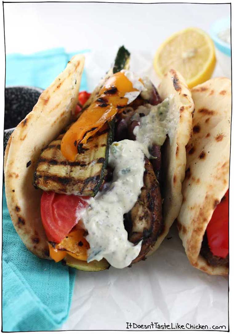 close up of grilled vegetable gyros 