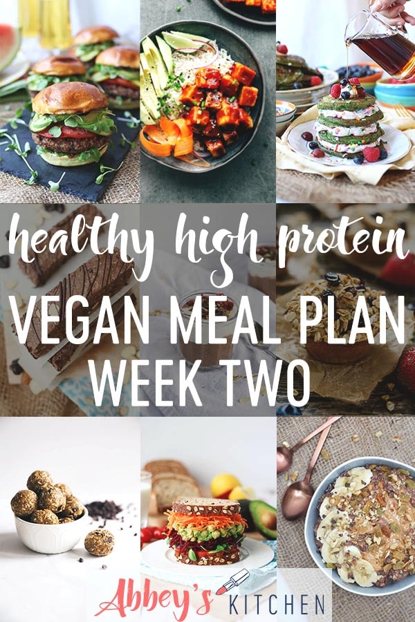 pinterest image of healthy high protein vegan meal plan recipes with text overlay