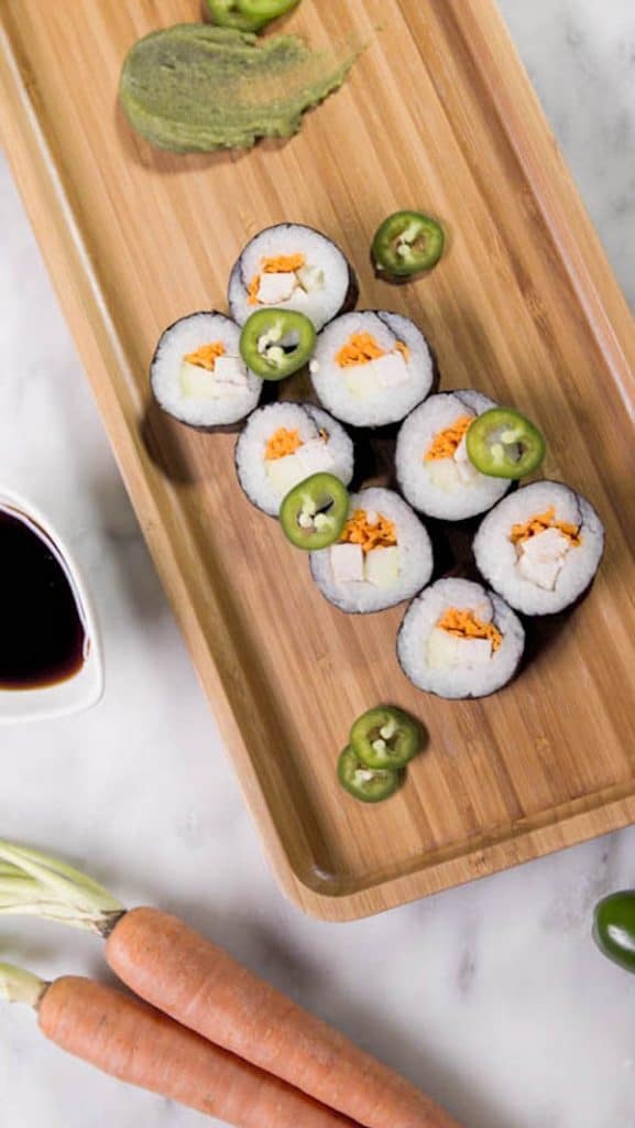 close up of allergy friendly sushi for kids on a wooden board