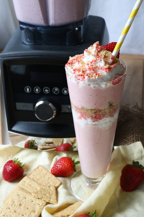 This Protein Strawberry Cheesecake Smoothie is a protein-powder free breakfast or snack that's perfect for celebrating National Smoothie Day!