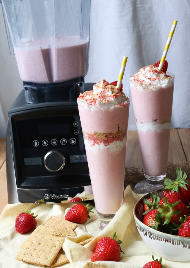 This Protein Strawberry Cheesecake Smoothie is a protein-powder free breakfast or snack that's perfect for celebrating National Smoothie Day!