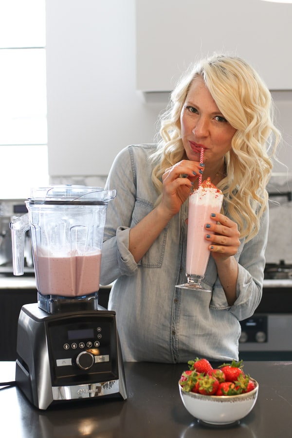 This Protein Strawberry Cheesecake Smoothie is a protein-powder free breakfast or snack that's perfect for celebrating National Smoothie Day!