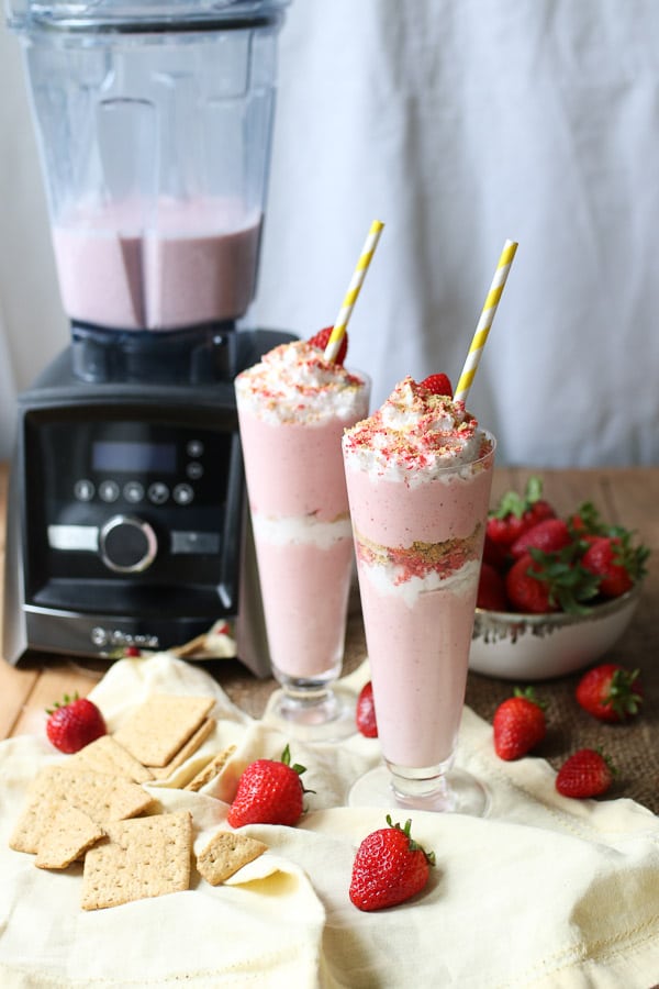 This Protein Strawberry Cheesecake Smoothie is a protein-powder free breakfast or snack that's perfect for celebrating National Smoothie Day!