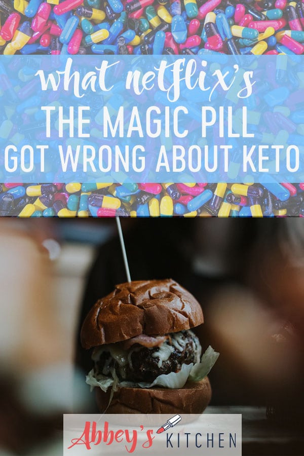 pinterest image of pills above an image of a keto hamburger with text overlay