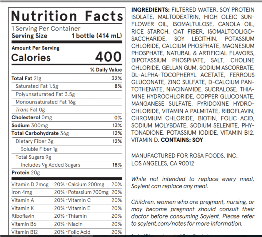 nutrition facts of a meal replacement drink