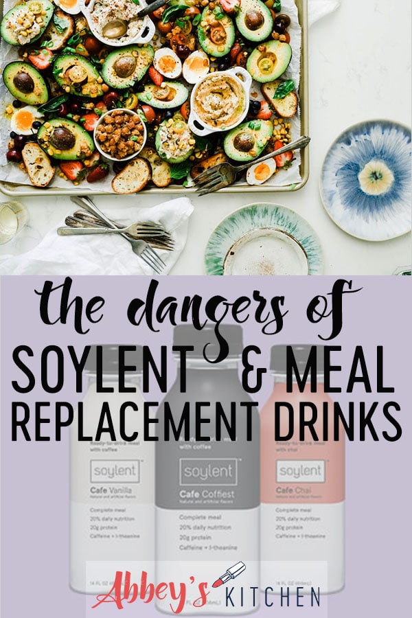 pinterest image of tray with fruits and vegetables above an image of meal replacement drinks with text overlay