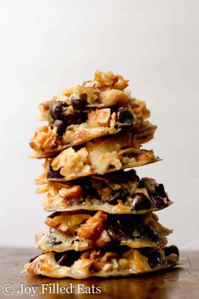 close up image of stack of keto five minute magic cookies on a white background