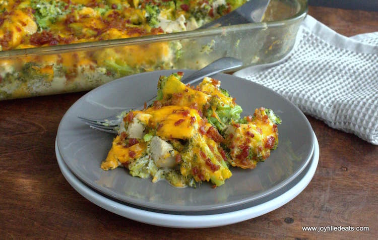 keto bacon and ranch chicken casserole on a grey plate with a silver spoon