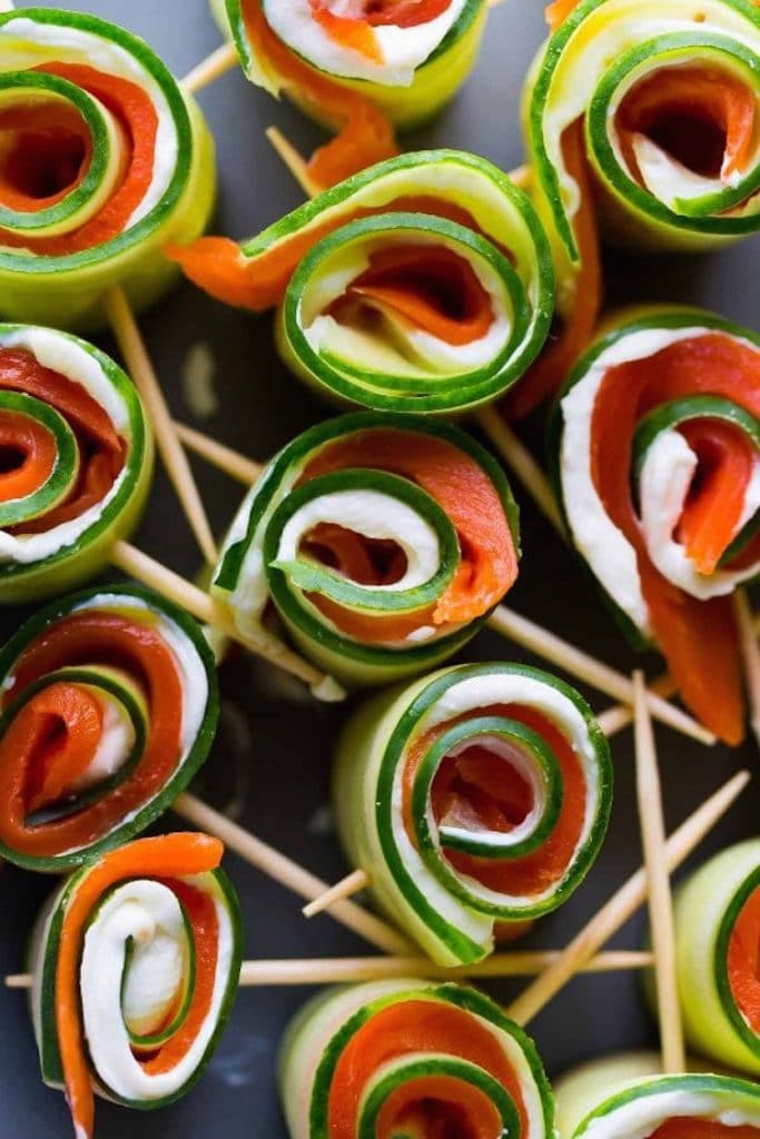 close up of keto salmon and cucumber roll ups
