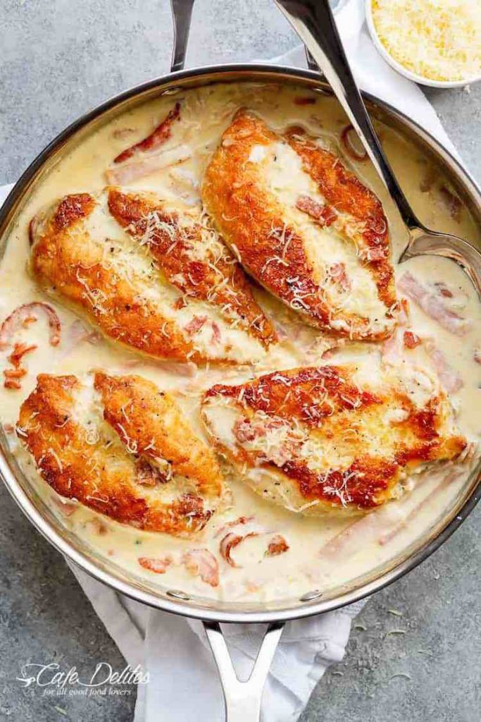 birds eye view of keto parmesan chicken in a silver pan with a silver spoon 