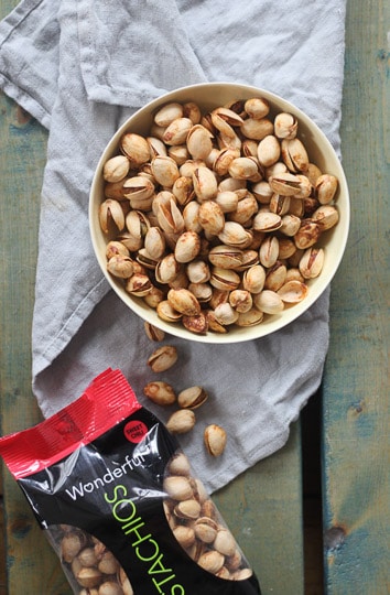 birds eye view of pistachios in a bowl