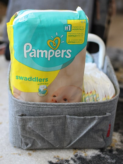 pampers diapers in a diaper caddy