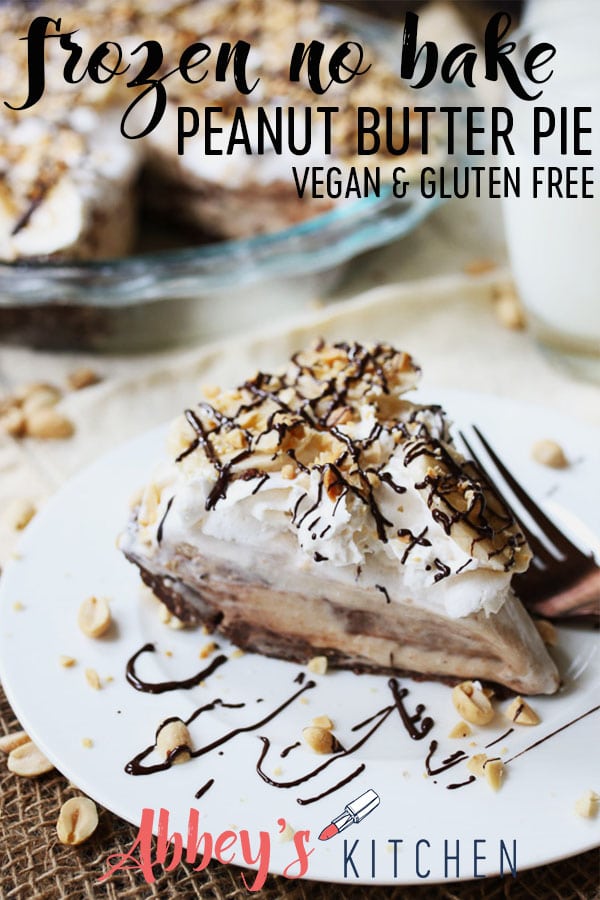 pinterest image of vegan and gluten free frozen peanut butter pie on a white plate with text overlay