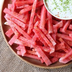 These Watermelon Fries with Coconut Lime Dip are a great Gluten Free, Vegan and Healthy Summer Snack that's perfect for the whole family.