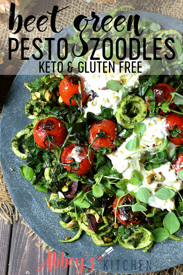 pinterest image of keto beet green pesto zoodles with text overlay 