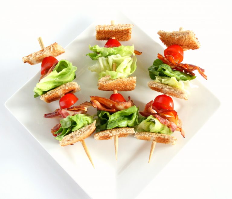 mini BLT sandwiches on a skewer.