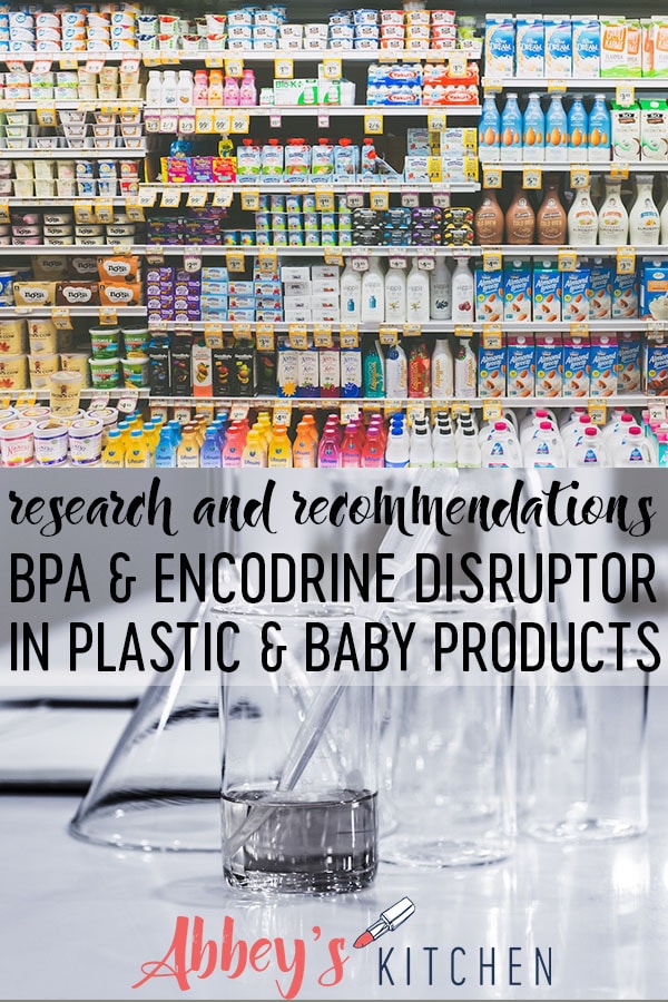 pinterest image of rows of cartons at a grocery store above an image of test tubes and beakers for BPA with text overlay 