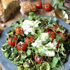 These Keto Beet Green Pesto Zoodles are the perfect elegant gluten free, low carb pasta dish for entertaining friends or enjoying any night of the week!