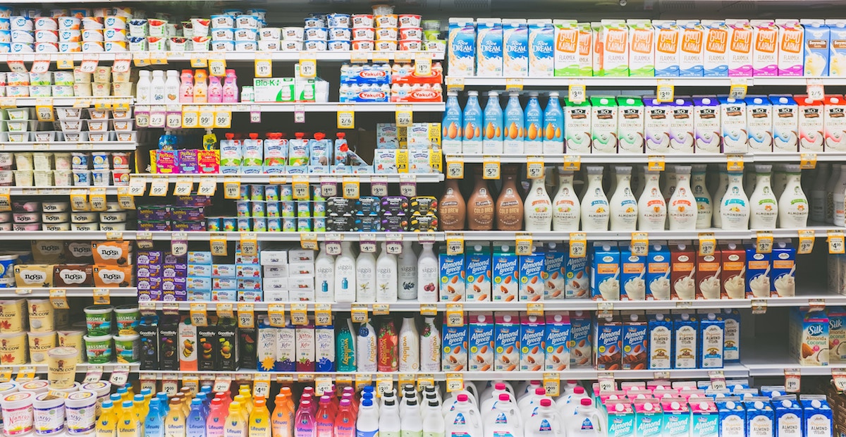 rows of packaged products at the grocery store