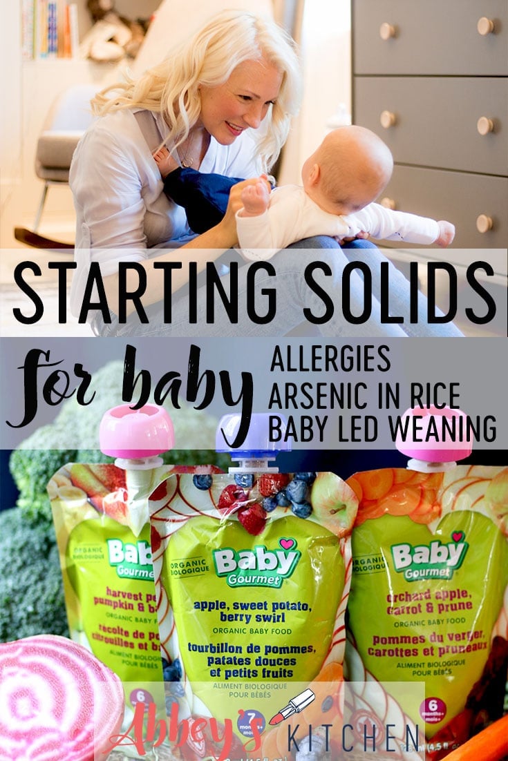 pinterest image of abbey holding baby E on her lap above an image of solid baby foods with text overlay