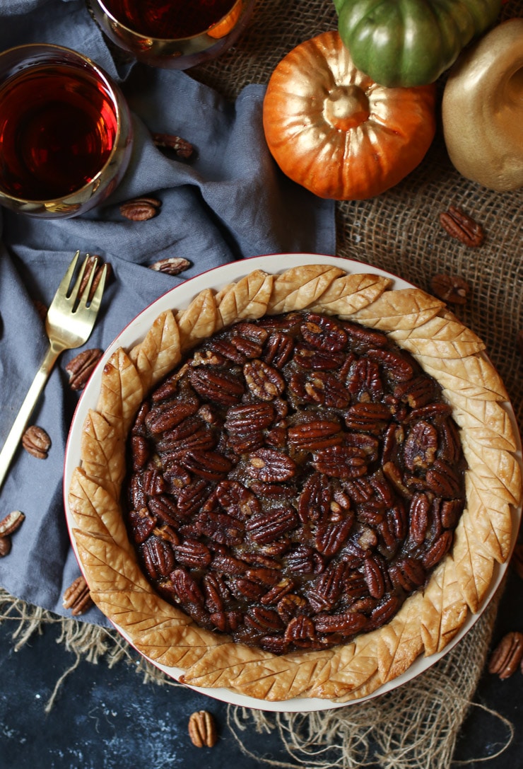 Birds eye view of a vegan pecan pie.