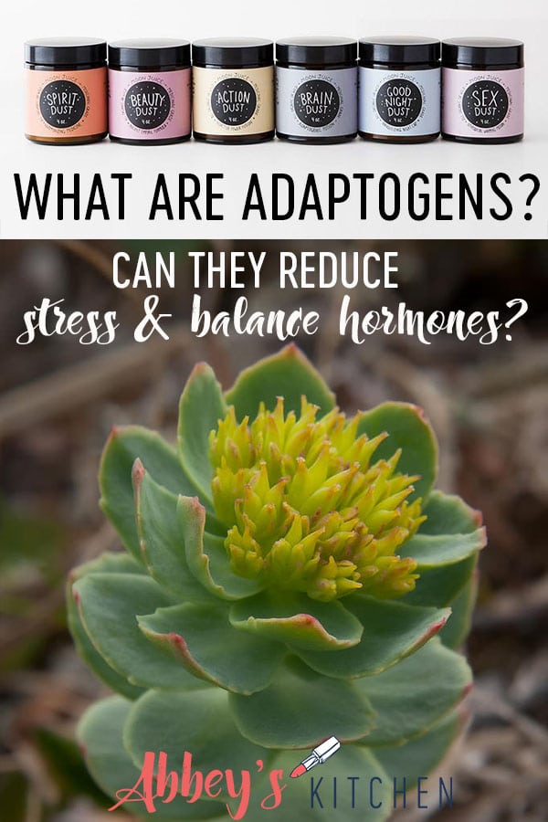 pinterest image of various adaptogen plants with text overlay