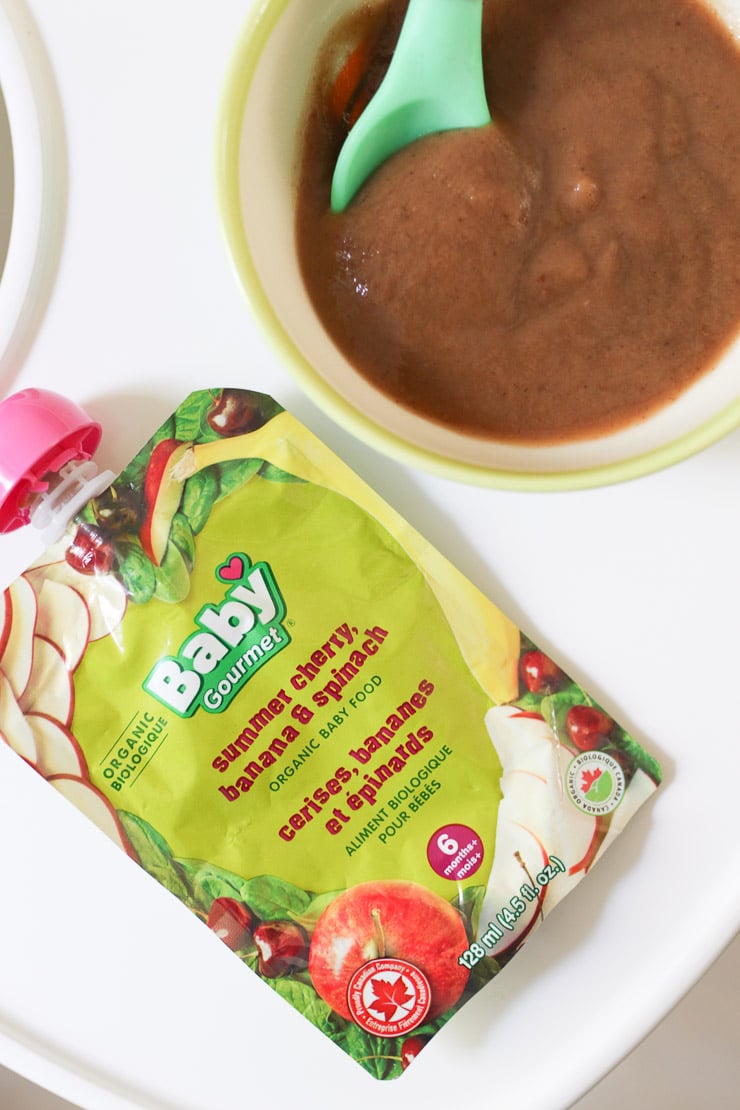 birds eye view of a packet of baby food next to the product in a white bowl