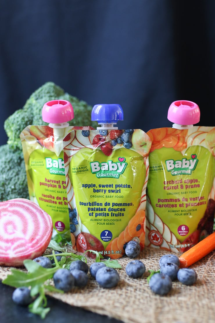 lineup of packaged solid baby foods 