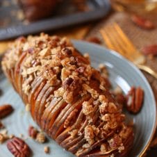 Try my Vegan Gluten Free Hasselback Sweet Potatoes with Streusal Topping as a holiday side dish. #abbeyskitchen #sweetpotatoes #hasselbackpotatoes #streusal #holidaysidedish #holidays #holidaydinner #vegansidedish #glutenfreefood #potatoes #healthysidedish