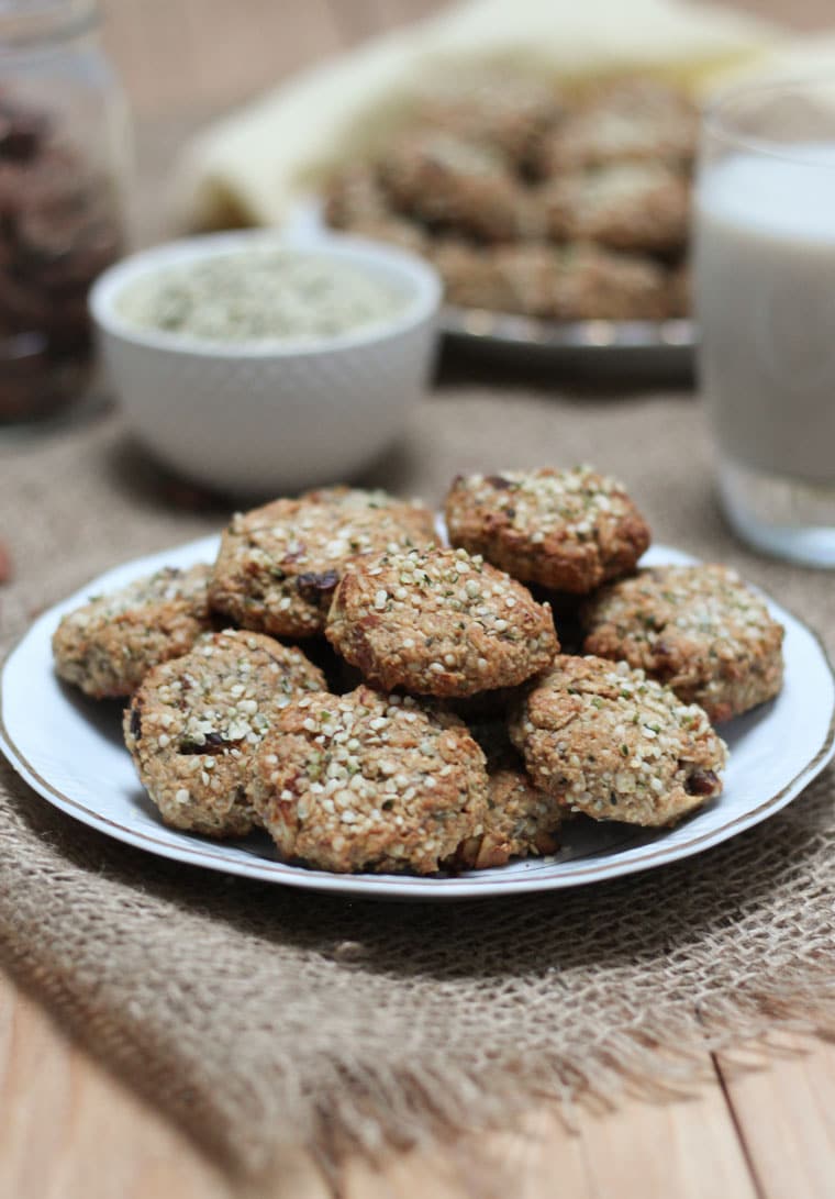 gluten free power cookies served on a white dish topped with hemp hearts