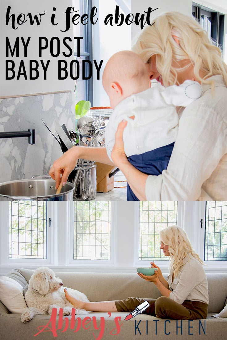pinterest image of abbey with baby E above a photo of abbey eating on the couch to discuss her baby body with text overlay