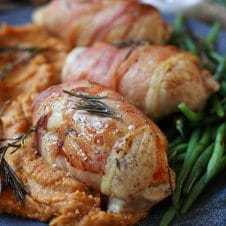 These Sweet Potato & Apple Stuffed Prosciutto Wrapped Chicken Breasts are a perfect easy gluten free fall or winter meal for days you're getting tired of basic chicken!