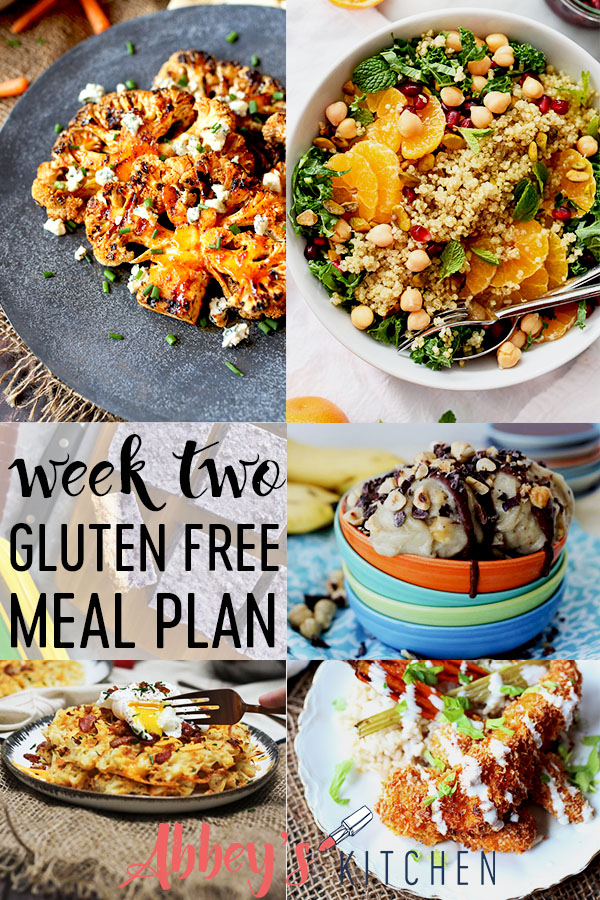 pinterest image of various photos of gluten free recipes for a one week meal plan with text overlay