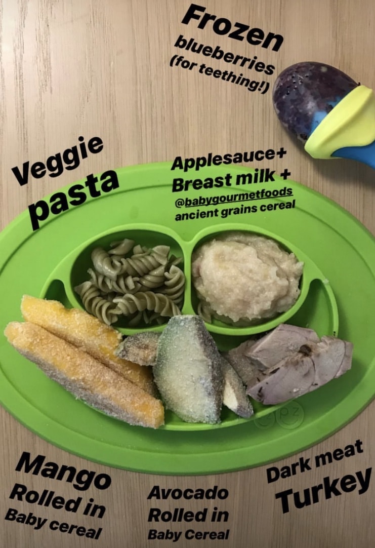 Food on a baby's plate.