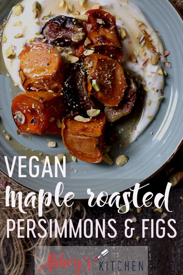 pinterest image of Roasted persimmons on a teal plate with text overlay 