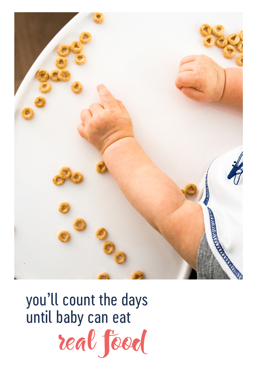 toddler's arms reaching for cereal on a counter with text below