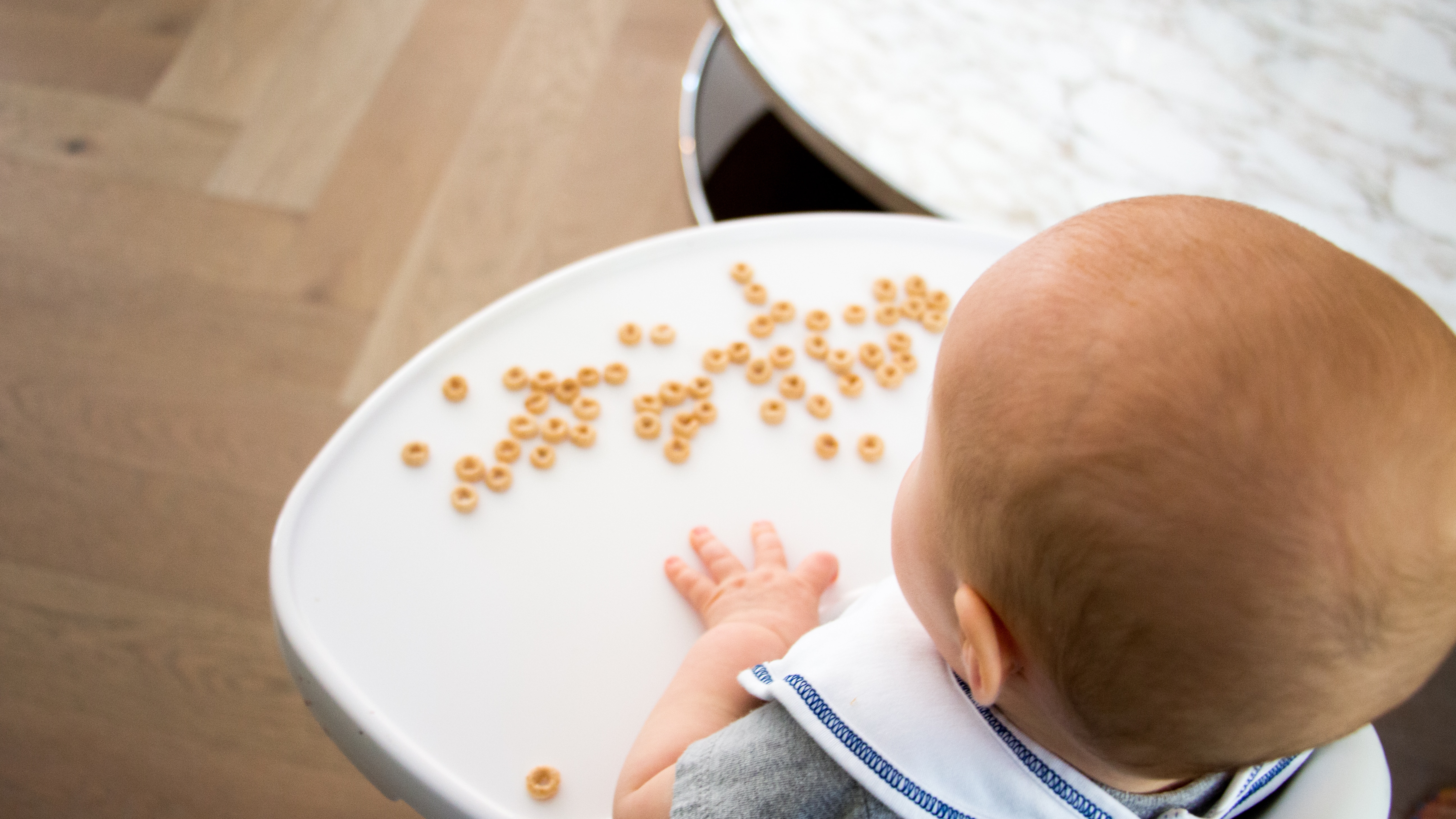 Baby sitting in a high chair.