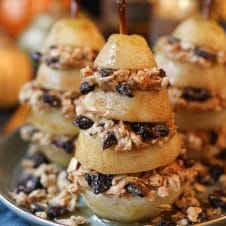 These Vegan Granola Layered Poached Pears are a delicious dairy free, gluten free, healthy, and easy holiday dessert for entertaining friends with diet restrictions!