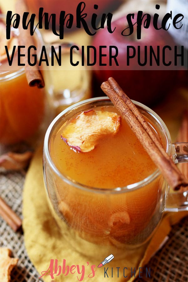 pinterest image of vegan pumpkin spice cider punch for the holidays garnished with an apple chip and cinnamon stick in a clear mug with text overlay