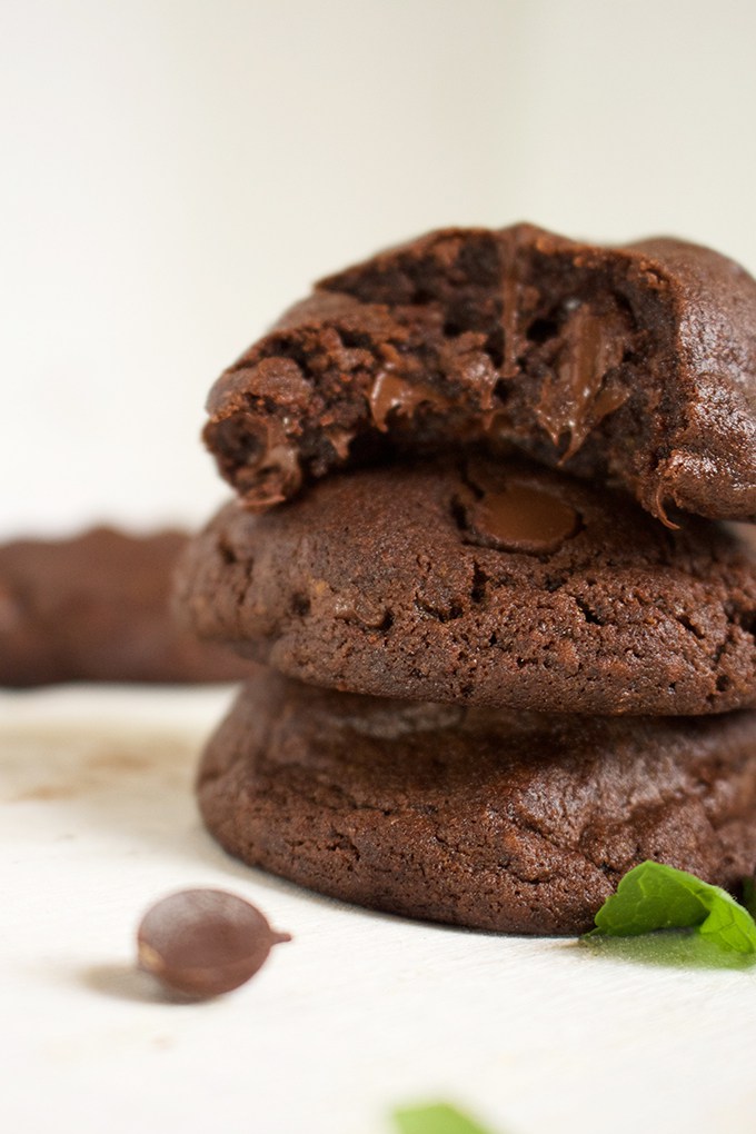 Chocolate cookies piled on top of each other. 