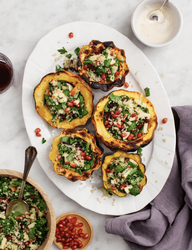 birds eye view of Stuffed squash served on a white platter.