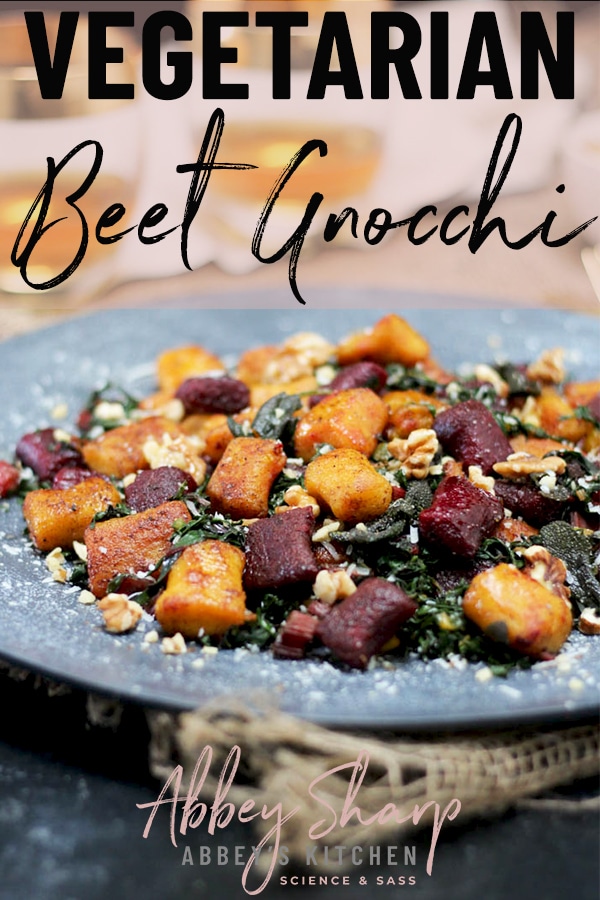 Beet gnocchi on a platter.