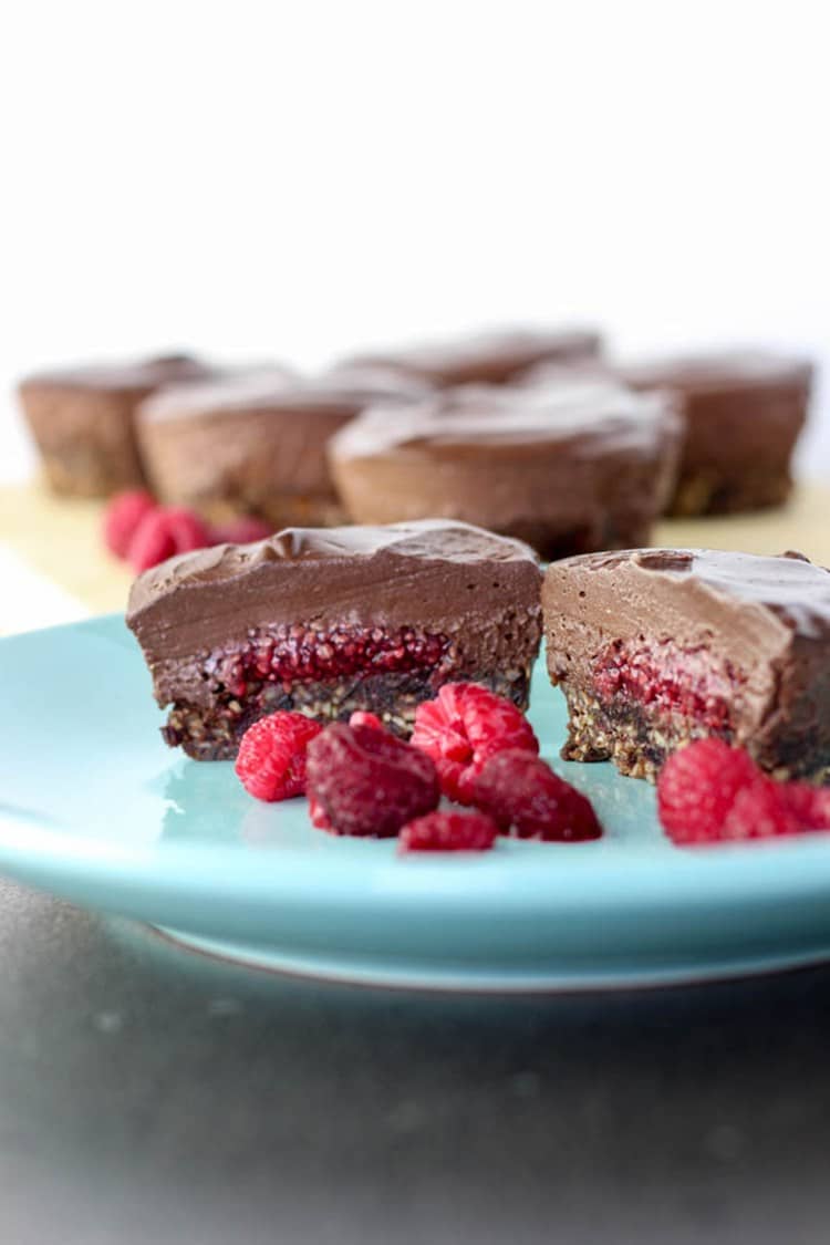 Chocolate vegan dessert on a blue plate.