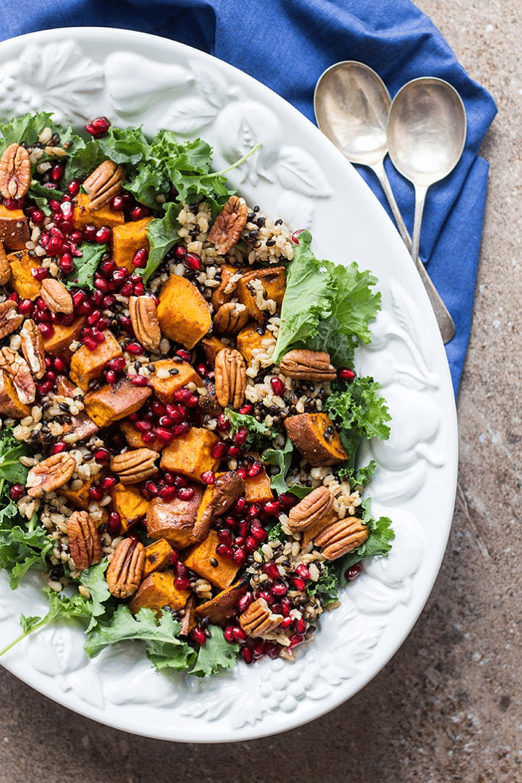 birds eye view of Sweet potato salad served on a white platter.