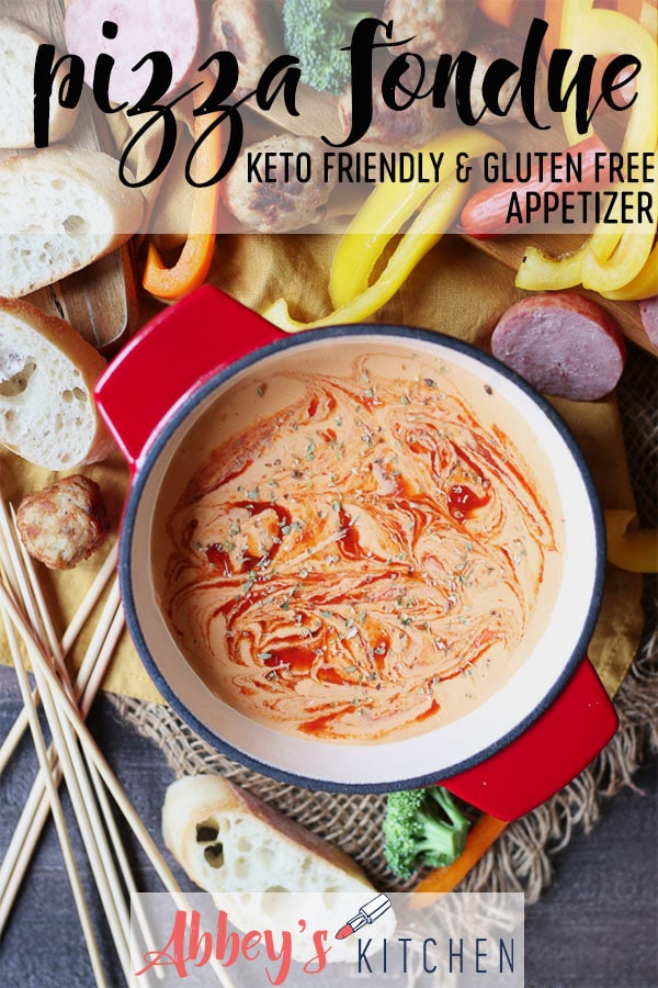 pinterest image of pizza fondue in a red pot with text overlay