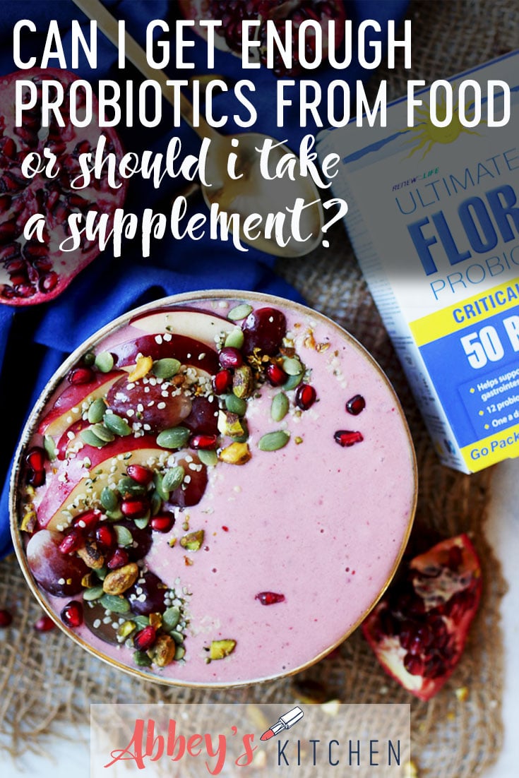 pinterest image of a pink smoothie bowl next to a box of probiotic supplements with text overlay