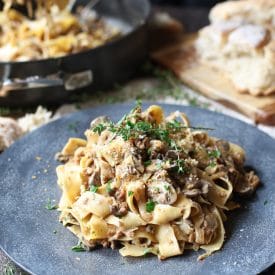This Vegan Creamy Mushroom and Caramelized Onion Pasta is the perfect Healthy Holiday Dinner Recipe for entertaining your plant-based, vegetarian, vegan, and carnivore friends and family.