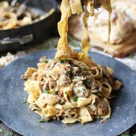 This Vegan Creamy Mushroom and Caramelized Onion Pasta is the perfect Healthy Holiday Dinner Recipe for entertaining your plant-based, vegetarian, vegan, and carnivore friends and family.