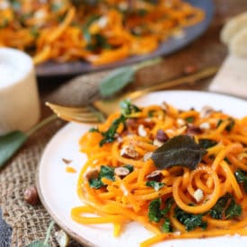 These Vegan Brown Butter Butternut Squash Noodles are the perfect Gluten Free Plant Based Zoodles recipe for an easy weeknight meal.