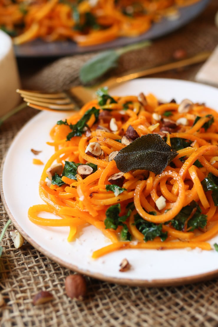 close up of vegan squash noodles with brown butter sauce 